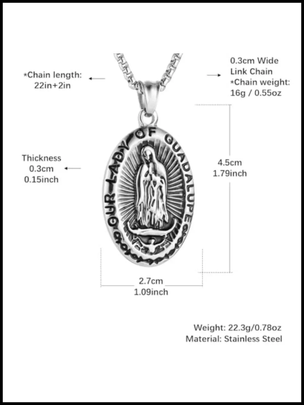 Stainless Steel Blessed Mother Mary Our Lady of Guadalupe Pendant Necklace with